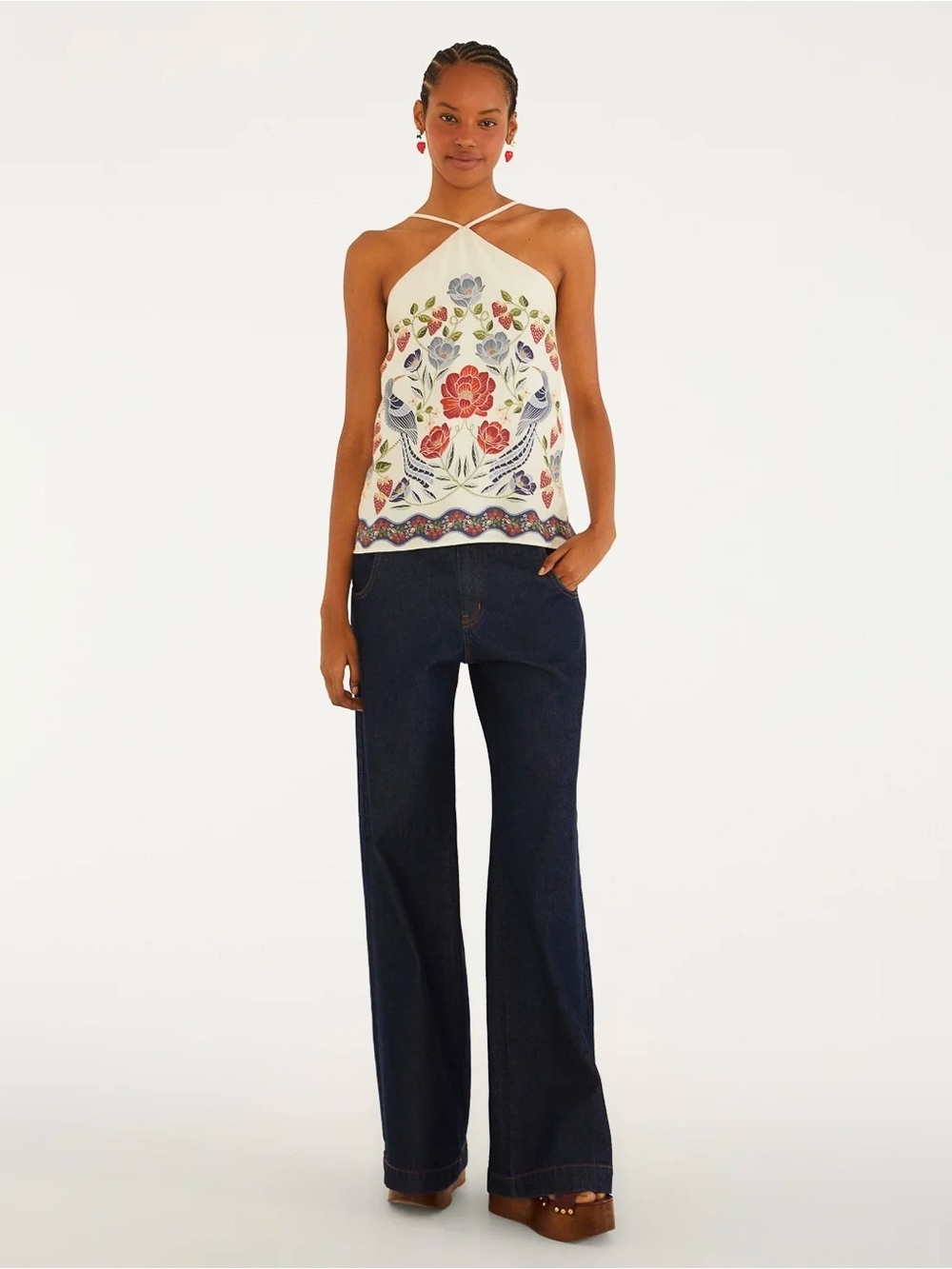 FARM Rio Cream Halter Camisole with Red & Blue Floral Embroidery - Picture 2 of 4